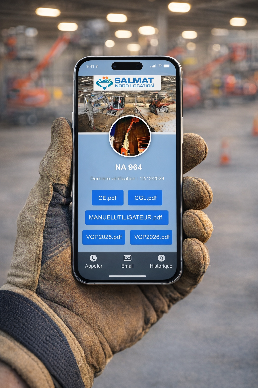 Application iToolTrack affichée sur un smartphone tenu par un technicien